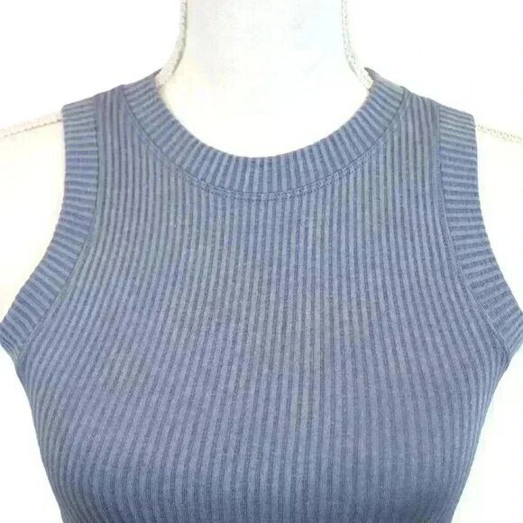 Aura Blue Sleeveless Cropped High Neck Rib Knit Stretch Tank Top Size XS - Picture 2 of 6
